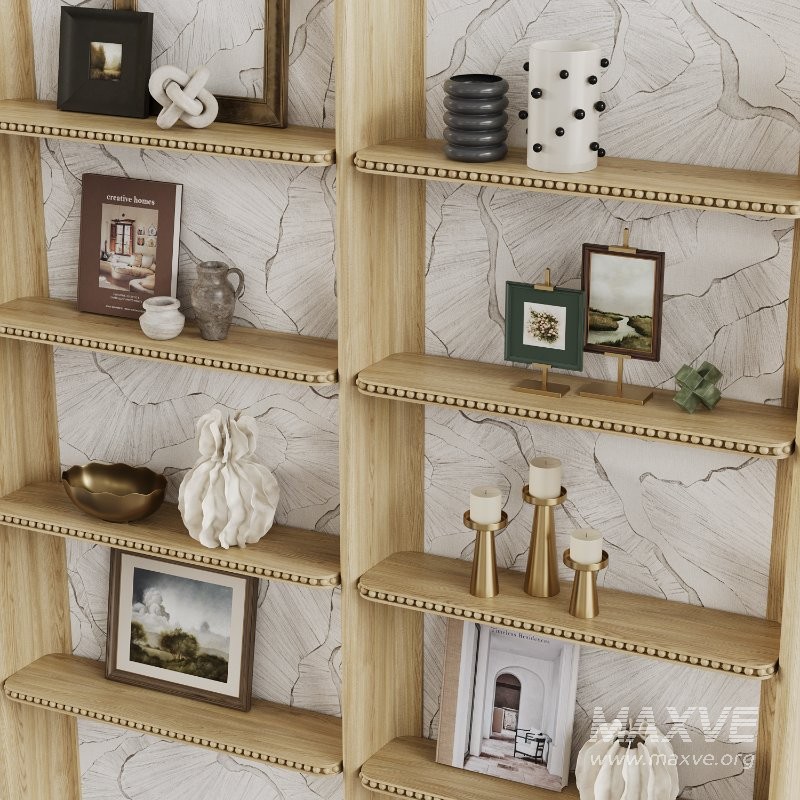 Wooden wall shelf unit with decor - Image 3