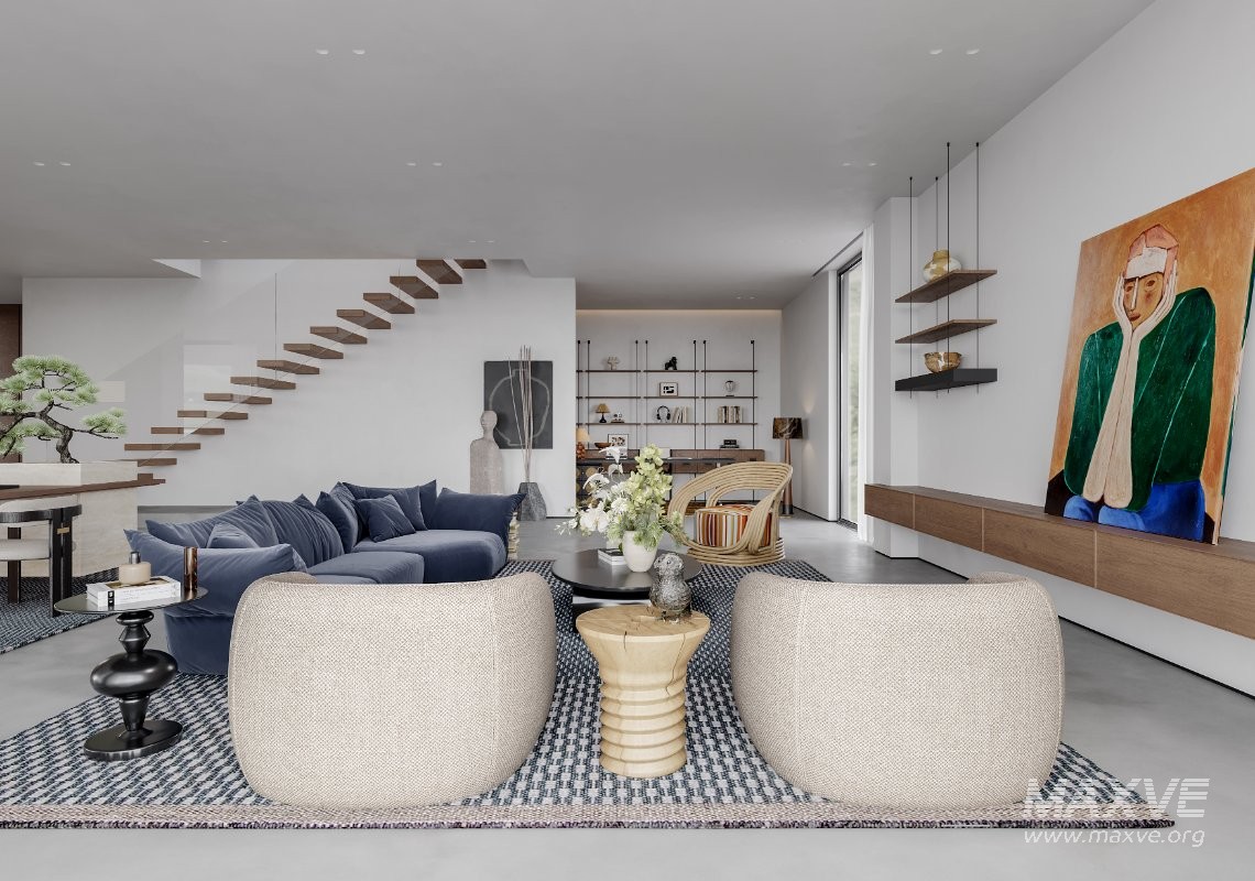 Modern living room and dining room office room interior scene - Image 6