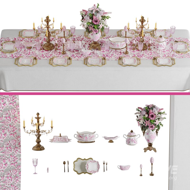 Luxury Pink & Gold Dining Table Decor Wedding Banquet 3D Model - Image 2