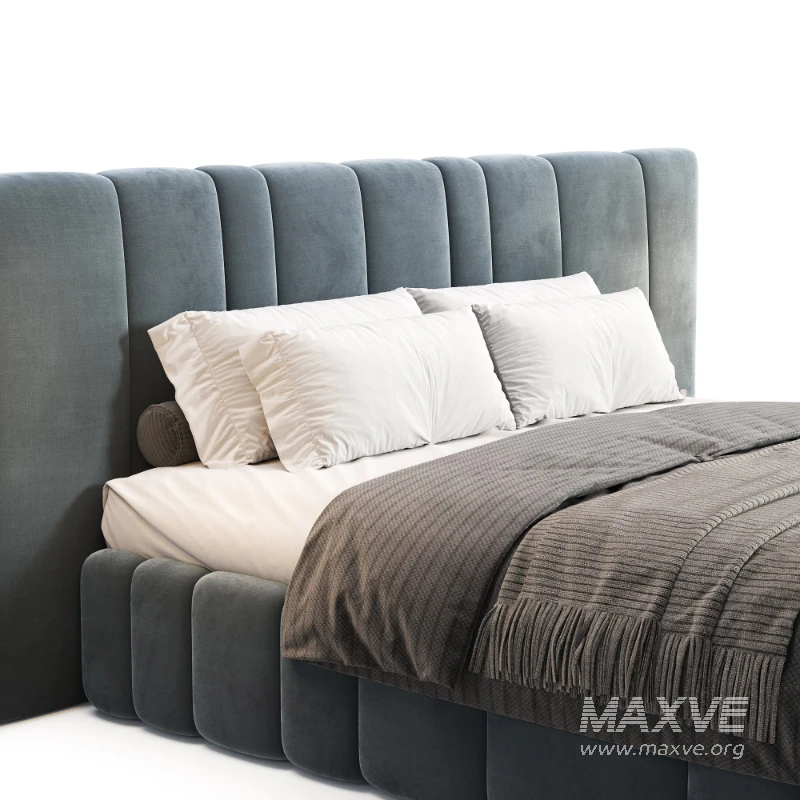 Areli Gray Blue Velvet Luxury Wide Headboard Bed - Image 6
