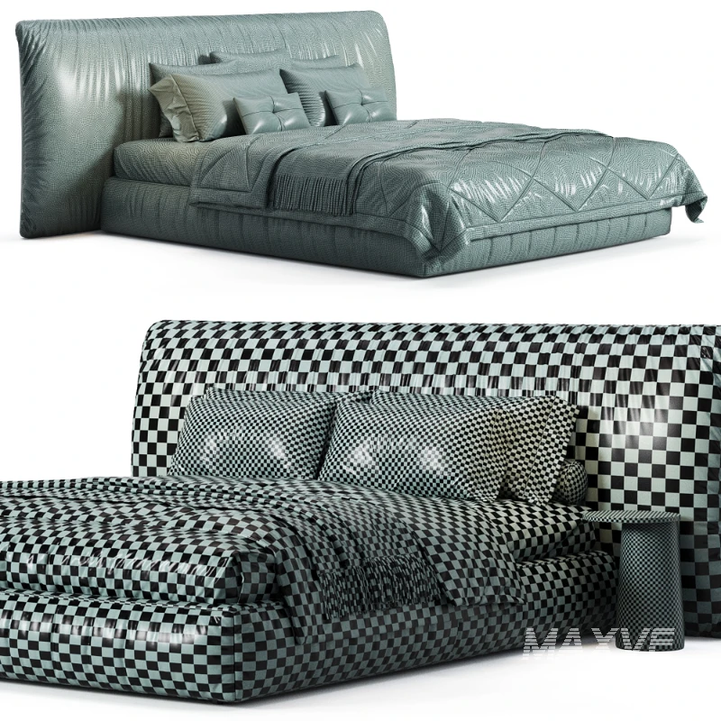 Alix Blue Cotton Linen Fabric Wide Headboard Luxury Bed - Image 5