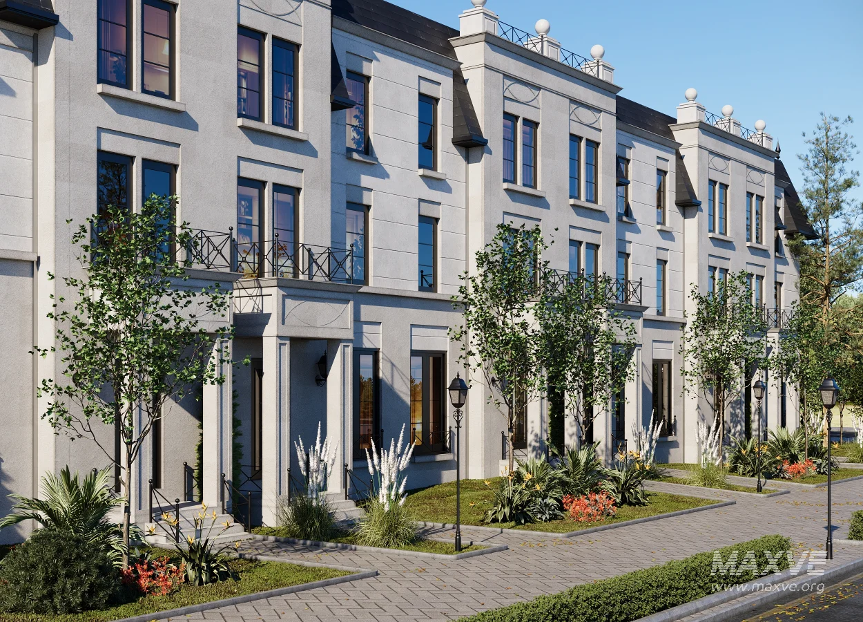 Neoclassical Townhouse Exterior Visualization – Full 3D Scene - Image 7