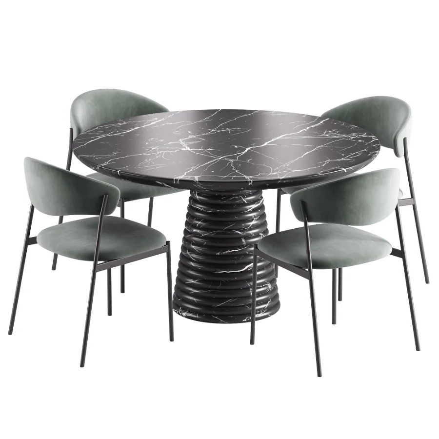 Damato Sand Velvet Dining Chair and Taza Round Marble Dining Table - Image 1