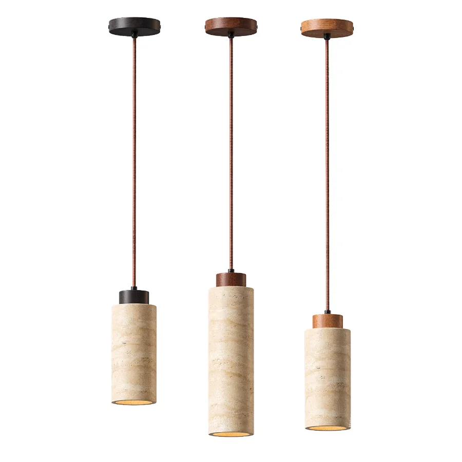 Traditional Japanese Cylinder Yellow Travertine Pendant Light - Image 1