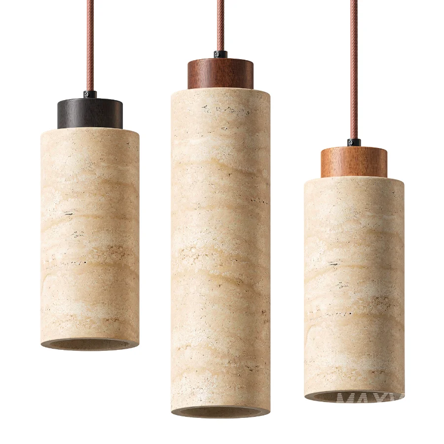 Traditional Japanese Cylinder Yellow Travertine Pendant Light - Image 2