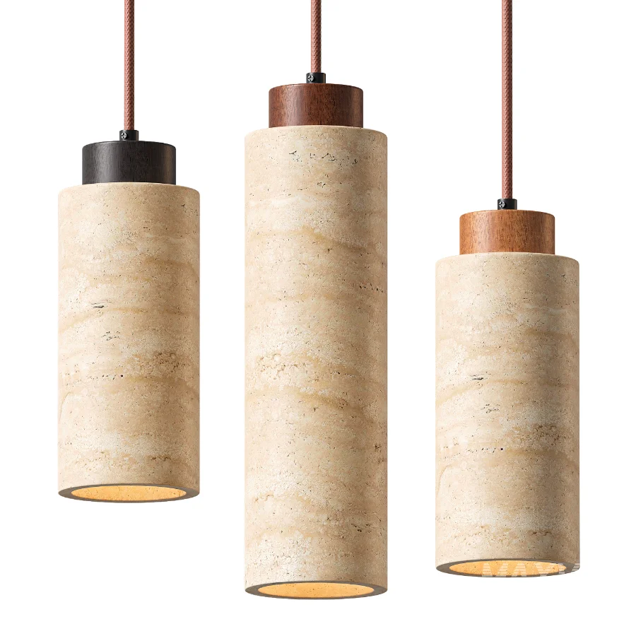 Traditional Japanese Cylinder Yellow Travertine Pendant Light - Image 4