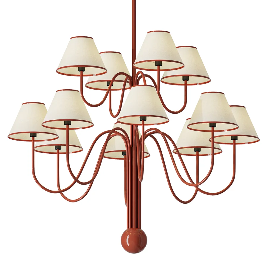 Red Curved Arm Fabric Shade Chandelier - Image 1