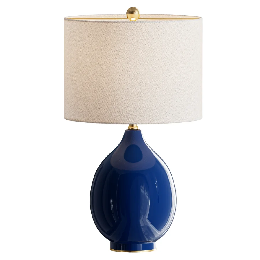 Blue Ceramic Table Lamp Drum Shade - Image 1
