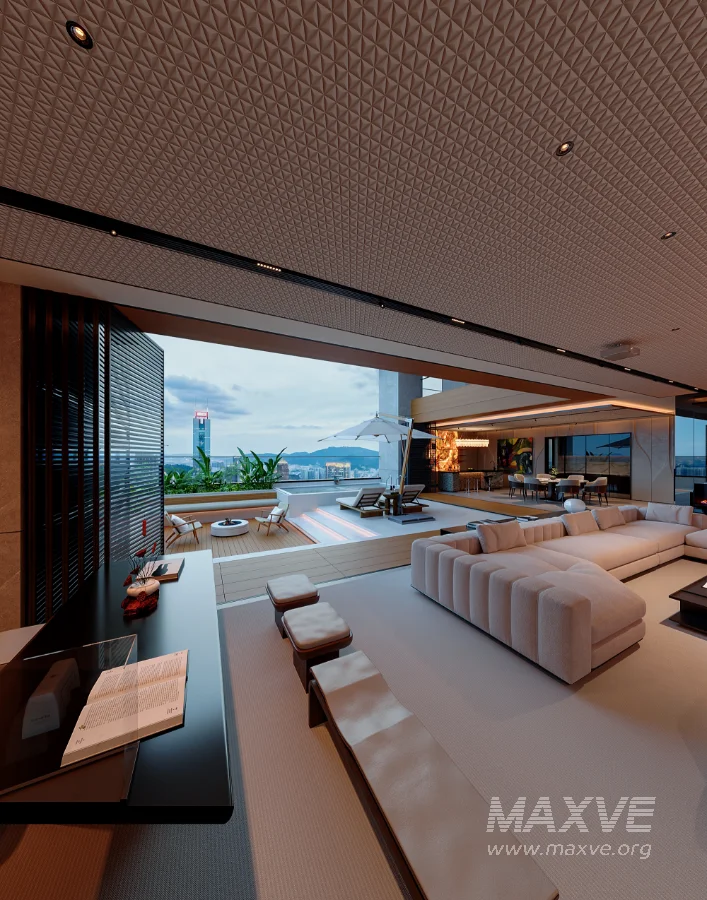 Modern living room dining room and swimming pool - Image 2