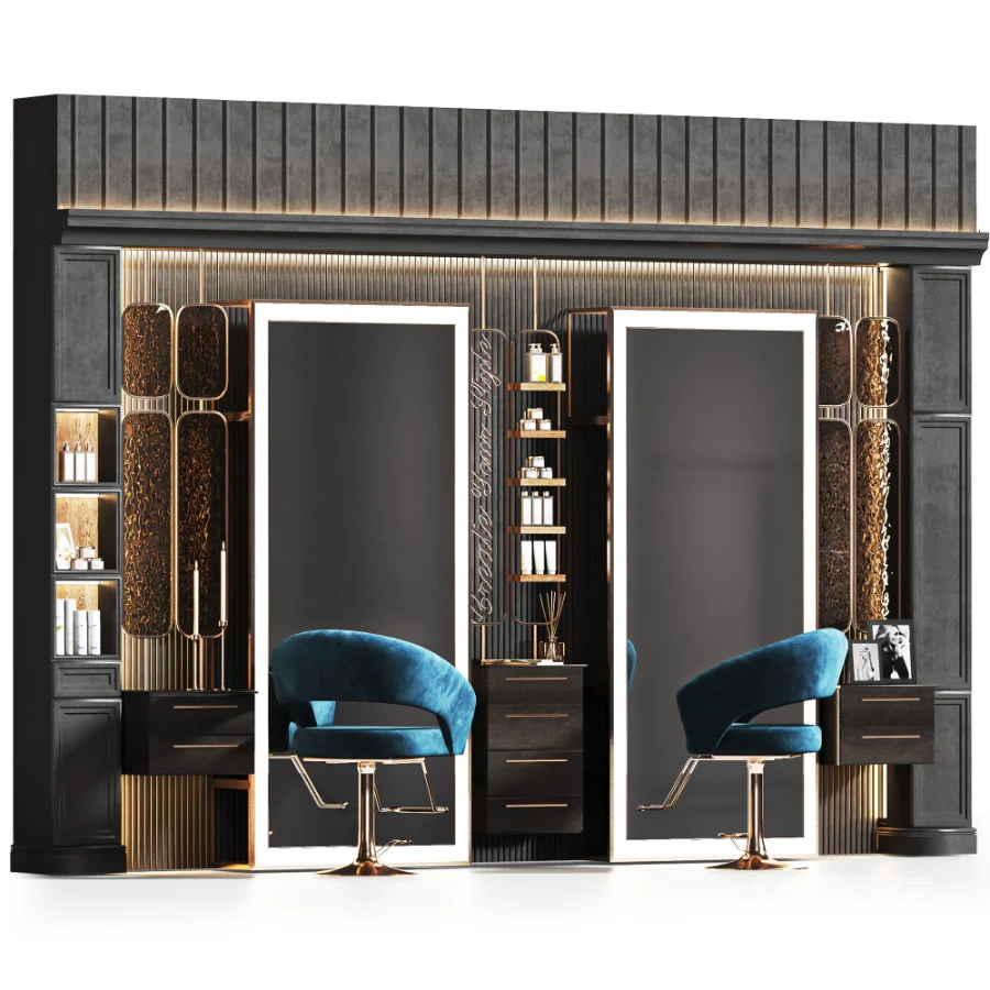 Beautysalon19 Modular BeautySalon Design for hairstyling areas, Decorative Entry glasses, to enhance the interior reflections and visual depth of your scene. you can change chairs and walls material colors by material diffuses to match your salon’s theme.wish you great renders! - Image 3