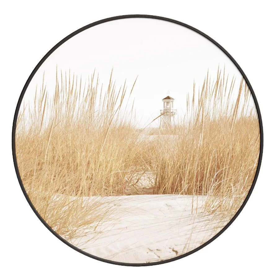 Round Wall Painting Lighthouse in the dune grass - Image 1