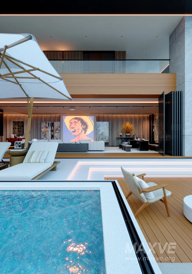 Modern living room dining room and swimming pool - Image 6