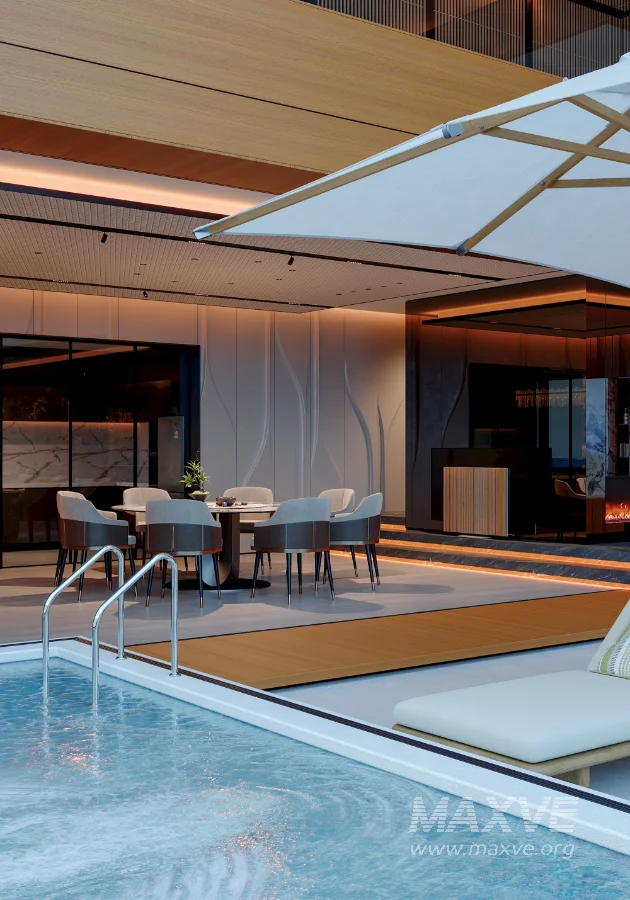 Modern living room dining room and swimming pool - Image 3