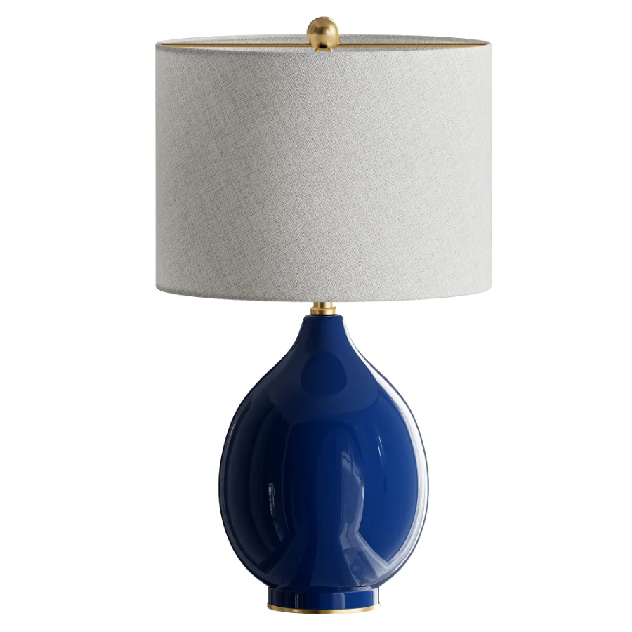 Blue Ceramic Table Lamp Drum Shade - Image 2