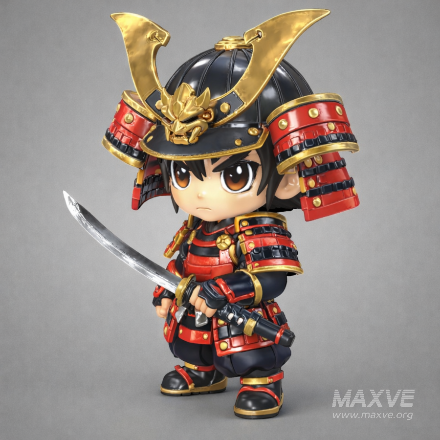 Chibi Samurai Warrior – Stylized Japanese Armor - Image 1
