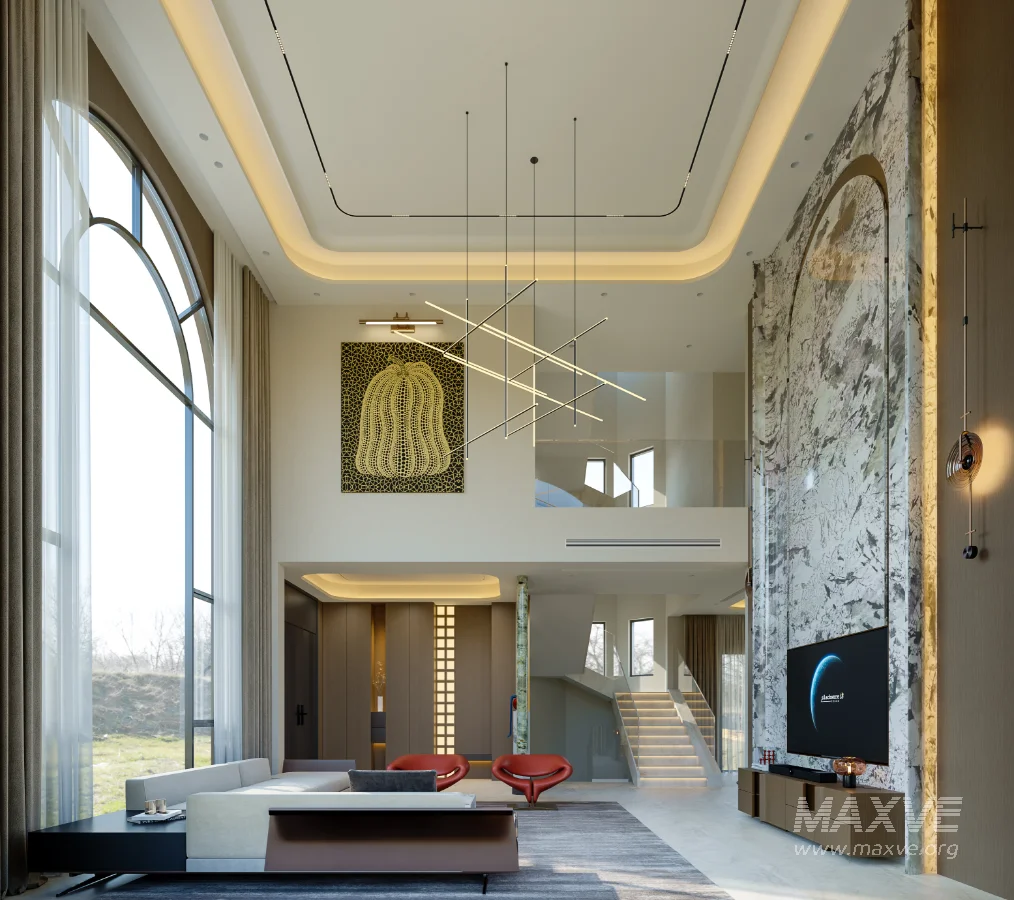 Modern villa living room and dining room interior scene - Image 1