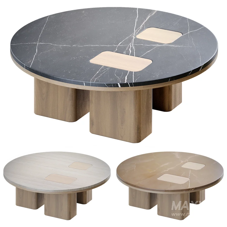 Round Coffee Table with Inlaid Stone Top and Wood Base - Image 5