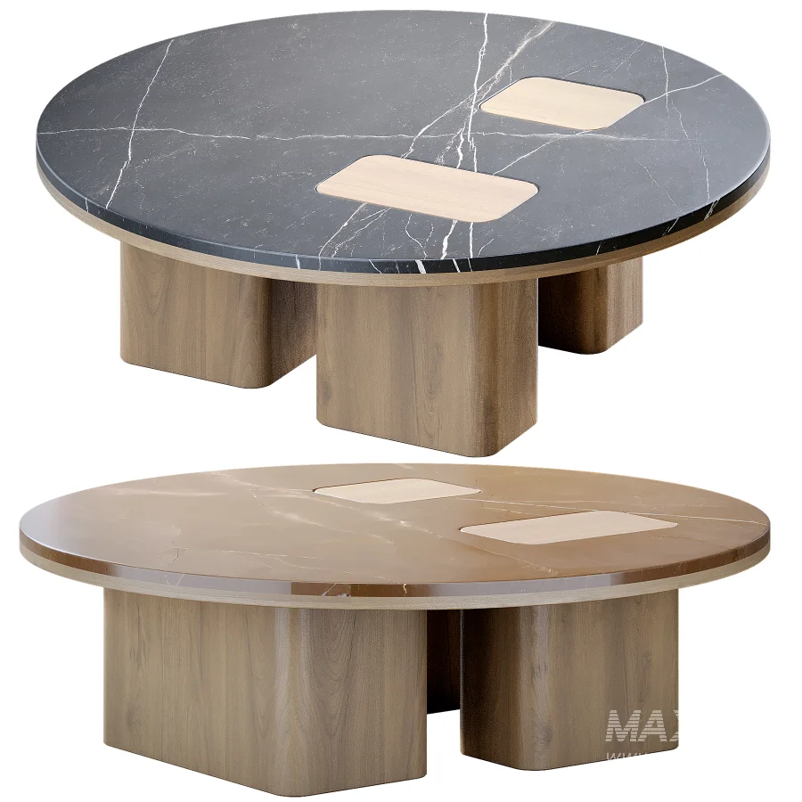 Round Coffee Table with Inlaid Stone Top and Wood Base - Image 4