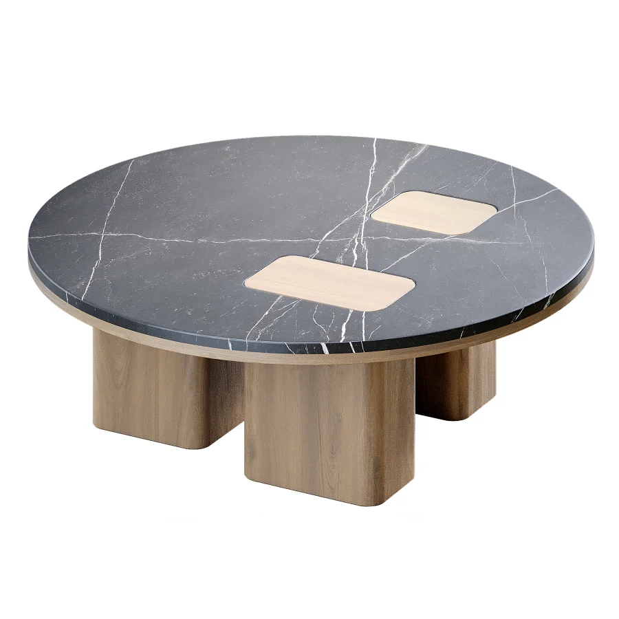 Round Coffee Table with Inlaid Stone Top and Wood Base - Image 1