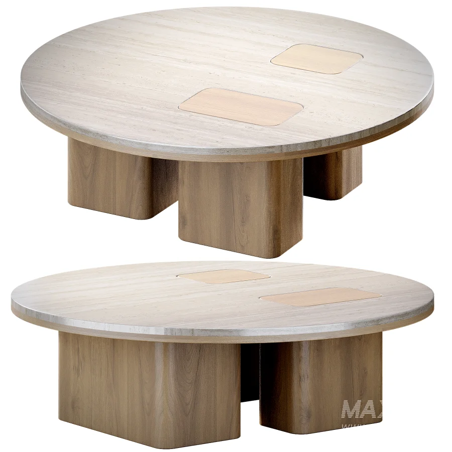 Round Coffee Table with Inlaid Stone Top and Wood Base - Image 6