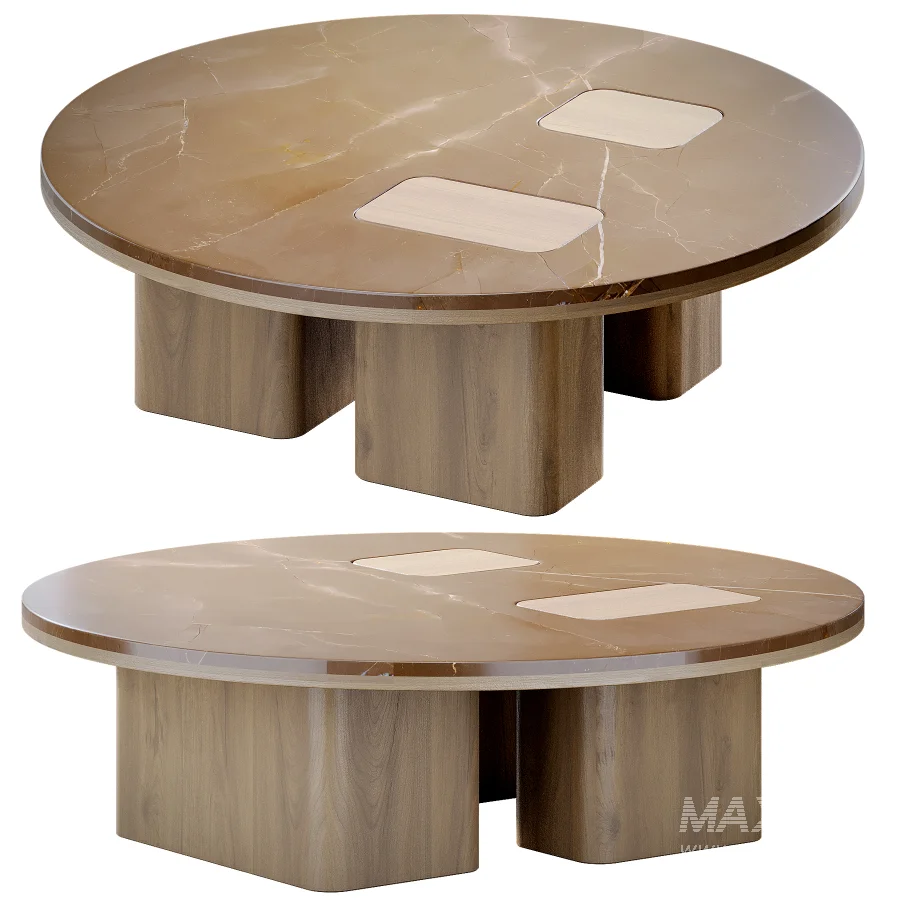 Round Coffee Table with Inlaid Stone Top and Wood Base - Image 2