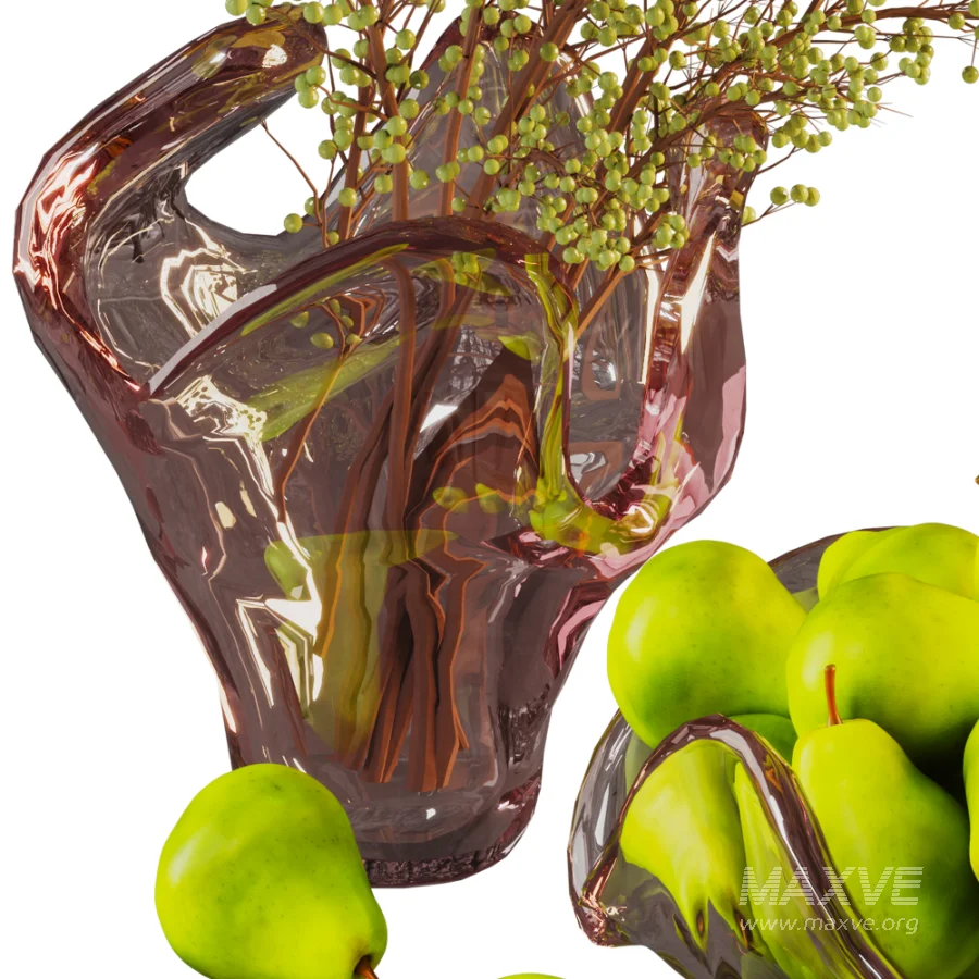 Green Pears & Decorative Branch Arrangement with Artistic Glass Vases - Image 3