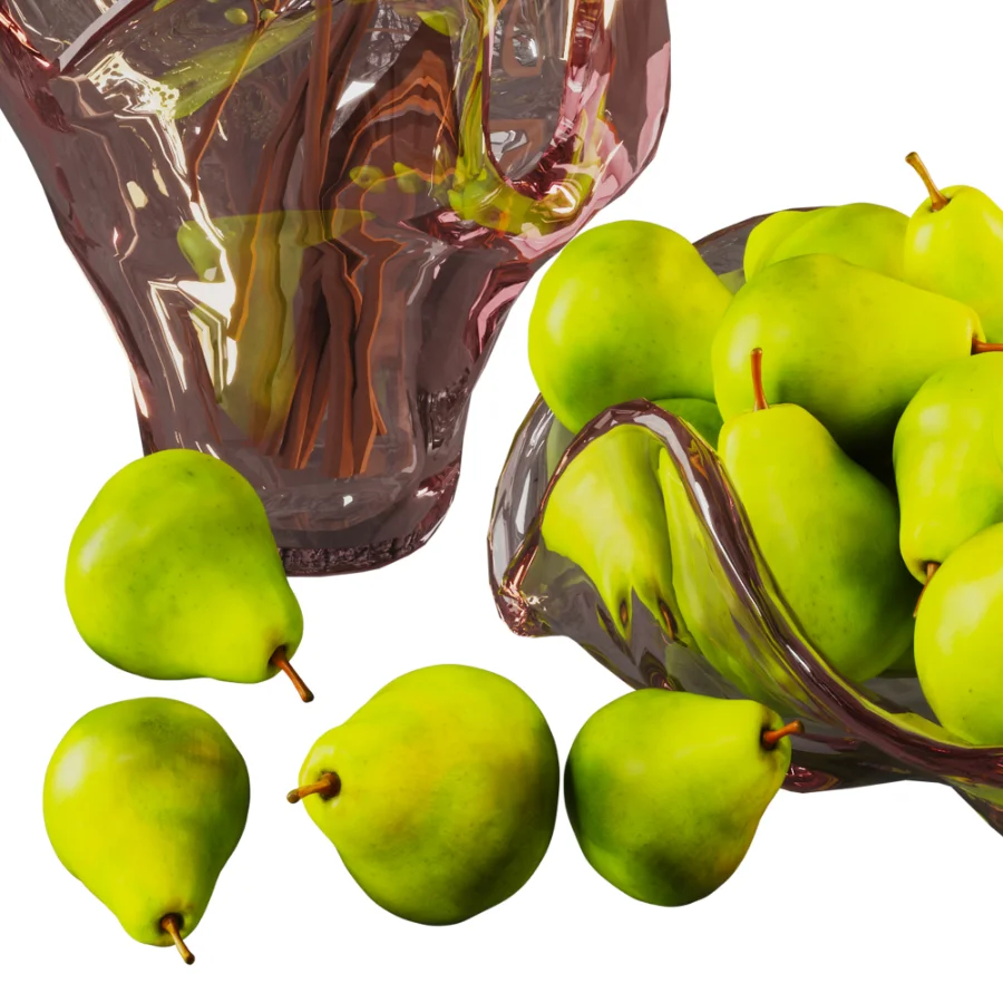 Green Pears & Decorative Branch Arrangement with Artistic Glass Vases - Image 1