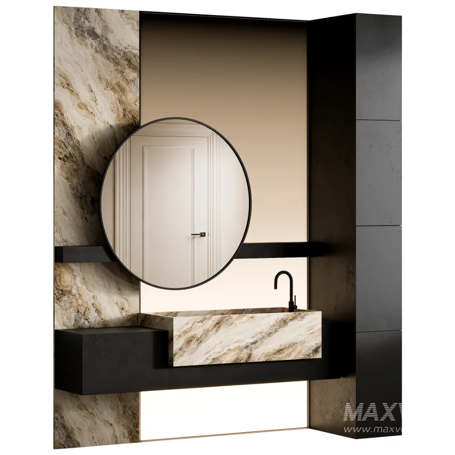 Modern Luxury Marble Bathroom Vanity with Round Mirror - Image 3