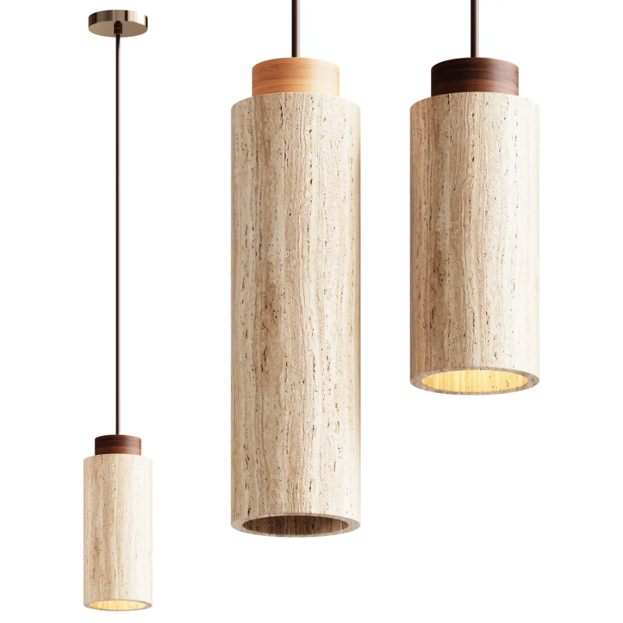 Traditional Japanese Cylinder Yellow Travertine Wood Light - Image 1
