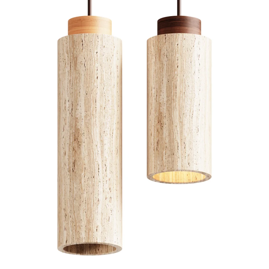 Traditional Japanese Cylinder Yellow Travertine Wood Light - Image 2