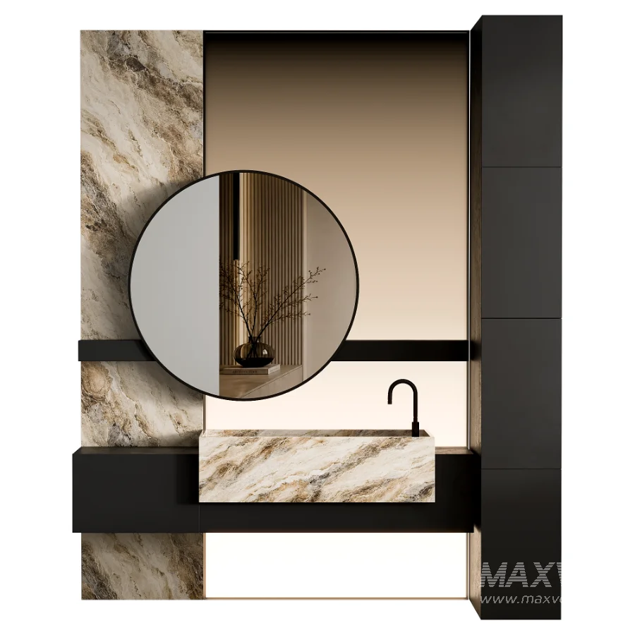 Modern Luxury Marble Bathroom Vanity with Round Mirror - Image 1