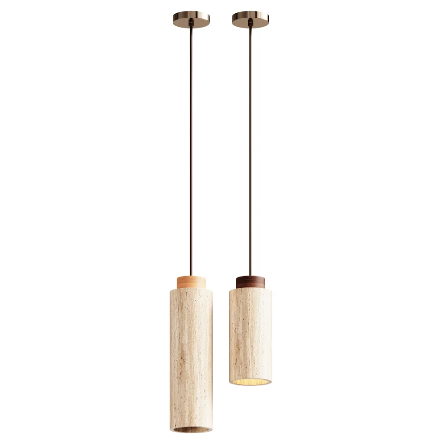 Traditional Japanese Cylinder Yellow Travertine Wood Light - Image 3